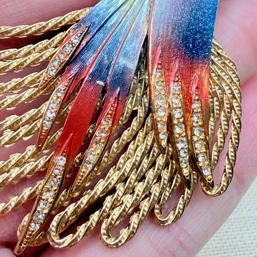 Vintage Blue and Red Glitter Enamel Gold Tone Peacock Bird Brooch Pin